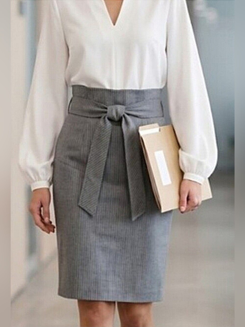 Club Monaco Paperbag-waist Lined Wool Pencil Skirt Light Gray Pinstripe Sz 2